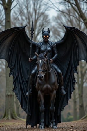 full bodied Tall, thin rider, armor of shifting shadows, huge bat wings, black horse with fiery eyes, darkness-emitting spear, helmet with twisted hornsThe image has to be hyper-realistic, with hyper-detailed cinematic lighting, high contrast, great detail and 4K resolution.


