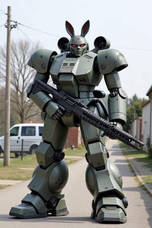 Full-body image, Mecha anime,military combat robot holding gun, rabbit ears,urban area,combat machine,metallic armor,round body,massive legs,strong arms,huge weapon, weapons on shoulders, cannon,missile launcher, building, animate,high definition,high resolution,8K,best quality, extremely detailed,perfect lighting,realistic, outdoors. "HOOK" is printed on the chest mecha.





