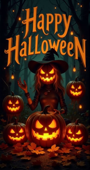 An illustration of Postcard with text "Happy Halloween" with bold outlines in a Halloween vibe, doodle-style, featuring a spooky yet adorable design, featuring a very Scary Woman wearing a pumpkin head, Jack-o'-Lantern. She is a witcher, very dangerous dark magic witcher. The scene contrasts bright and dark elements with a dominant orange glow. A Halloween pumpkin glows from within, its body emitting a radiant light. The glowing pumpkin creates a mix of shadows and highlights, enhancing the eerie yet charming mood, perfect for a Halloween card invitation party