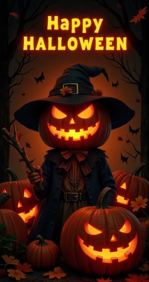 An illustration of Postcard with text "Happy Halloween" with bold outlines in a Halloween vibe, doodle-style, featuring a spooky yet adorable design, featuring a very Scary Woman wearing a pumpkin head, Jack-o'-Lantern. She is a witcher, very dangerous dark magic witcher. The scene contrasts bright and dark elements with a dominant orange glow. A Halloween pumpkin glows from within, its body emitting a radiant light. The glowing pumpkin creates a mix of shadows and highlights, enhancing the eerie yet charming mood, perfect for a Halloween card invitation party