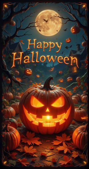 An illustration of Postcard with text "Happy Halloween" with bold outlines in a Halloween vibe, doodle-style, featuring a spooky yet adorable design. The scene contrasts bright and dark elements with a dominant orange glow. A Halloween pumpkin glows from within, its body emitting a radiant light. The glowing pumpkin creates a mix of shadows and highlights, enhancing the eerie yet charming mood, perfect for a Halloween doodle-style illustration, 