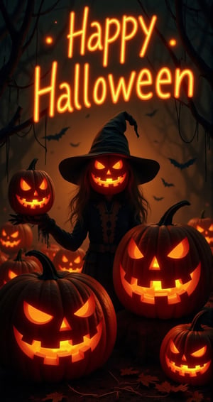 An illustration of Postcard with text "Happy Halloween" with bold outlines in a Halloween vibe, doodle-style, featuring a spooky yet adorable design, featuring a very Scary Woman wearing a pumpkin head, Jack-o'-Lantern. She is a witcher, very dangerous dark magic witcher. The scene contrasts bright and dark elements with a dominant orange glow. A Halloween pumpkin glows from within, its body emitting a radiant light. The glowing pumpkin creates a mix of shadows and highlights, enhancing the eerie yet charming mood, perfect for a Halloween card invitation party