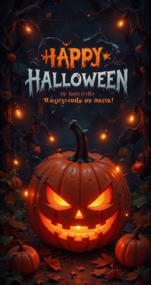 An illustration of Postcard with text "Happy Halloween" with bold outlines in a Halloween vibe, doodle-style, featuring a spooky yet adorable design. The scene contrasts bright and dark elements with a dominant orange glow. A Halloween pumpkin glows from within, its body emitting a radiant light. The glowing pumpkin creates a mix of shadows and highlights, enhancing the eerie yet charming mood, perfect for a Halloween card invitation party