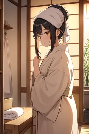 score_9, score_8_up, score_7_up, dramatic, cinematic, raw, photo, focus macro shot, bokeh effect, bashful blash, depth of field, girl, black hair, a towel in head, wearing robe, traditional Japanese-style bathroom, lighting is soft and golden, warm hues, golden hours, gentle glow through a shoji screen, wooden elements and minimalist design, bathroom are emphasized, details like bamboo racks, simple tiled floors, small indoor plants enhancing the serene, intimate atmosphere, posture pose is relaxed, entire scene warm, earthy tones, SFW