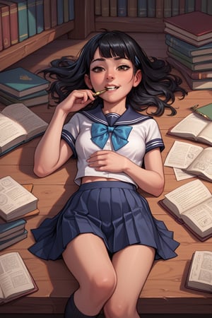 score_9, score_8_up, score_7_up, insanely detailed, detailed background in the library, girl, Tanako512, black hair, school uniform, lie down, messy book, biting pencil