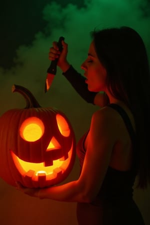 photo, women, stab the knife into the pumpkin, jack-o'-lantern,pumpkin_carving, orange liquid gushed out of pumkin body, shocked, moaning, dramatic lighting, award winning photos, orange and green lighting, Her appearance is eerie, and the overall atmosphere is unsettling. Thick fog or smoke surrounds her, enhancing the spooky atmosphere, jntsmoscuro,solo, female hand, right hand, back side