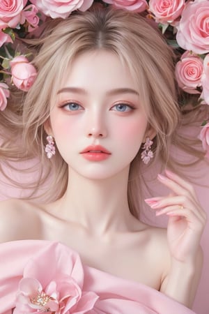 Prompt: "A photorealistic, ultra-detailed, high-resolution masterpiece of a woman with blonde hair lying down, surrounded by pink roses and soft floral accents. She is wearing elegant rose-shaped earrings and refined jewelry, with matching pink nail polish. Her makeup includes a soft blush and pink lipstick that complements her gentle expression. The image combines manga-inspired sketch lines and niji-styled elements, capturing a serene, beautiful atmosphere with exquisite lighting that accentuates her features. The blend of realistic and manga elements adds a unique, artistic charm."