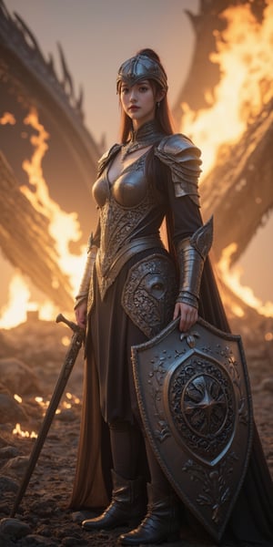 A fierce and determined female knight stands valiantly in the midst of an epic battlefield. She is clad in intricately designed armor that gleams under the fiery glow of surrounding flames. Her expression is one of unwavering bravery as she grips a finely crafted sword in one hand and holds a sturdy shield adorned with intricate emblems in the other. Behind her, towering dragons breathe torrents of fire, adding to the dramatic intensity of the scene.

The setting is chaotic yet breathtaking, with smoldering ruins and ash-filled skies casting an atmospheric backdrop. The lighting contrasts sharply between the bright flames and the shadows cast by destruction, highlighting the textures and details of her armor and surroundings.

Her pose exudes confidence and strength; she stands firm with one foot forward, ready to face any threat. The scene captures motion through dynamic elements like swirling embers and flapping dragon wings, enhancing the sense of urgency and action.

Rendered in ultra-high resolution (8K) with meticulous attention to detail, this image showcases realistic skin textures beneath her helmet and soft lighting that accentuates her determined expression. The overall composition combines fantasy elements with hyperrealistic details, making it a true masterpiece worthy of admiration.

Specifications:

Style: Hyperdetailed fantasy realism
Resolution: 8K HDR
Lighting: Soft yet contrasting to highlight dramatic elements
Atmosphere: Intense, fiery battlefield with dragons
Pose: Dynamic, confident stance
Artistic Elements: Detailed armor design, realistic skin textures, atmospheric effects