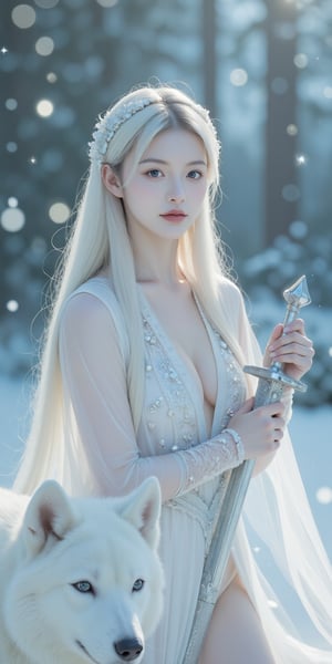 A mesmerizing ice elf maiden, holding a gleaming sword as she prepares for battle, her posture poised with precision. She is dressed in a luxurious, intricately designed white outfit that gleams like crystalline ice. The attire reflects light beautifully, highlighting its delicate details and giving it an ethereal glow. Soft lighting from various angles casts enchanting reflections on her icy ensemble, enhancing the magical ambiance.

Her long, frosty hair cascades gracefully down her back, blending seamlessly with the wintry surroundings. Her slightly elongated ears add to her mystical appearance, peeking through her flowing hair. Her eyes are sharp and determined, capturing the viewer's attention with their icy blue hue.

Standing loyally by her side is a majestic white wolf, its fur shimmering under the ambient light. The wolf's piercing eyes mirror the elf's determination and strength. The background features a breathtaking winter landscape filled with softly falling snowflakes that sparkle under the ambient light.

Rendered in ultra-high resolution (8K), this scene captures every minute detail—from the texture of their skin and fur to the intricate patterns of her outfit. The overall composition blends strength and grace in a cinematic portrayal that is both captivating and awe-inspiring.