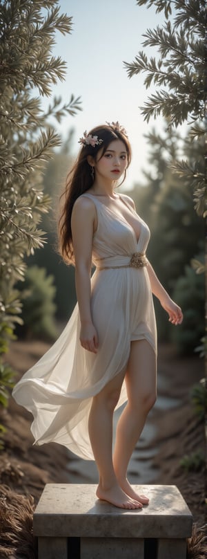 "Enchanting ancient Greek fairy gracefully poised on a marble pedestal amidst lush olive groves; ethereal and mythical aura with flowing robes reminiscent of classical Greek attire, adorned with delicate gold accents. Her hair cascades in soft waves, crowned with laurel leaves. The model's expression is serene yet alluring, capturing the timeless beauty of Greek mythology. Hyperdetailed rendering in 16K resolution ensures every intricate detail is captured—from the texture of her garments to the sparkle in her eyes. Soft, diffused lighting highlights her radiant complexion, enhancing the dreamlike quality. The outdoor setting features dappled sunlight filtering through olive branches, creating a harmonious blend of shadow and light that adds depth to this masterpiece. Using advanced modeling techniques for enhanced realism and artistic integrity."