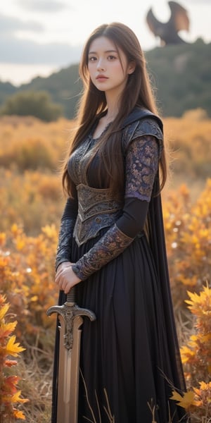 A melancholic beauty stands tall in an autumn meadow, surrounded by vibrant orange and yellow leaves. She wears an elaborate, fantasy-inspired armor with intricate details and deep blues/purples, starkly contrasting with her surroundings. Her eyes reflect sorrow as she holds an oversized, ornate sword with both hands. In the background, a majestic dragon soars or rests on a hilltop, adding mythical depth to the scene. Soft natural lighting casts gentle shadows, emphasizing warm colors and textures. The model's realistic skin and delicate complexion are meticulously rendered. Subtle special effects, like soft lens flare, can be added to enhance the cinematic feel.