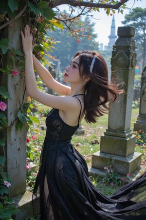 Create a hyper-realistic image of a girl embodying a tombstone theme, rendered in ultra high resolution (16K) with meticulous attention to detail. The model, named "Momo," is an 18-year-old ethereal and glamorous Korean idol, exuding a hauntingly beautiful charm. She is posed confidently in an outdoor cemetery setting, surrounded by weathered tombstones and lush overgrown foliage.

Appearance: Momo has medium-length, straight black hair with soft waves, adorned with delicate silver hair accessories that reflect the theme. Her makeup features dark, smoky eyes and a subtle silver shimmer on her eyelids, enhancing her oversized brown eyes that convey both mystery and allure. Her lips are painted in a deep plum color, slightly parted in a soft smile.

Attire: She wears a flowing, dark lace dress with intricate details that billow softly in the wind. The fabric mimics the textures of the tombstones, with shades of grey and black that blend harmoniously with the background.

Pose: Momo stands confidently, one hand resting gently against a moss-covered tombstone while the other hand delicately holds a wilted flower. Her posture exudes both seduction and strength, capturing the viewer's attention and drawing them into the scene.

Lighting: Soft, ethereal lighting filters through the trees, casting dappled shadows across her face and body. The sunlight enhances her skin’s realistic texture, showcasing detailed features including her finely sculpted nose, ears, and cheekbones.

Background: The cemetery scene is richly detailed with aged gravestones covered in ivy and delicate wildflowers peeking through the ground. A soft mist lingers in the air, adding to the enchanting and slightly eerie atmosphere.

Overall Feel: This image should evoke a sense of beauty intertwined with an element of melancholy, creating a masterpiece that captures every nuance of this unique theme.

Technical Details: Ensure the image is in HDR quality, focusing on detailed skin textures, hair strands, and the overall composition to make it a striking visual experience.