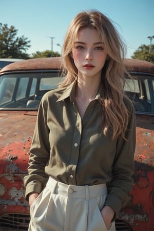 Create a stunning photorealistic image of a blonde woman captured in vivid colors, styled after the photographic techniques of Garry Winogrand. The scene should depict her leaning against an old rusty car, evoking a nostalgic vibe reminiscent of the 1950s.

Appearance: She should have a striking appearance, featuring amber eyes that convey an intense and moody expression. Pay attention to the detail in her eyes, ensuring they are stunning and captivating.

Outfit: Dress her in 1950s clothing, specifically a tight button-down shirt that accentuates her figure, paired with loose cotton pants that reflect the Greaser style of the era.

Setting: The background should feature the old rusty car, adding character and authenticity to the scene while enhancing the overall vintage feel.

Photographic Quality: The image should be presented as a RAW photo, aiming for a masterpiece quality. Emphasize the details in her skin, including pores and blemishes, to create a realistic and relatable portrayal.

Technical Aspects: The final image should be rendered in 8K resolution, ensuring every detail is crisp and clear.

Camera Specifications: Style the photograph as if it were shot on a Hasselblad X1D II, known for its exceptional image quality and depth.

The overall composition should feel like a cinematic movie still, fitting within the Art Film Genre, capturing both the essence of the subject and the mood of the moment.