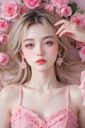 Prompt: "A photorealistic, ultra-detailed, high-resolution masterpiece of a woman with blonde hair lying down, surrounded by pink roses and soft floral accents. She is wearing elegant rose-shaped earrings and refined jewelry, with matching pink nail polish. Her makeup includes a soft blush and pink lipstick that complements her gentle expression. The image combines manga-inspired sketch lines and niji-styled elements, capturing a serene, beautiful atmosphere with exquisite lighting that accentuates her features. The blend of realistic and manga elements adds a unique, artistic charm."