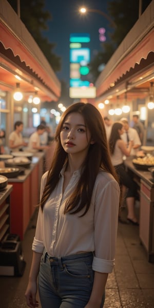 A lively city night scene, showing a teenage girl walking down a busy street lined with street food stalls. Her face shows curiosity and surprise as the warm, multi-colored lights from the stalls reflect on her skin. The scene is filled with boiling pots, sizzling grills, and vendors serving delicious food to eagerly awaiting customers. The girl is dressed in casual yet fashionable clothing, perfectly fitting the bustling atmosphere. Her hair reflects light, creating a soft halo effect around her head. This image is rendered in ultra-high resolution (8k), with meticulous attention to detail, including realistic lighting and textures that bring the street scene to life. The overall composition captures the vibrant essence of city nightlife while emphasizing the excitement of a teenage girl.

Additional details: Artistic composition: Use the words "hyperdetailed" or "realistic" to emphasize the resolution and brightness of the image. Color tone: Emphasizes the warm tones from the colors of the restaurant. Refers to the orange and red colors, light and shadow: The term "dynamic lighting" can be added to indicate that the image requires more light and shadow: adding details to show the liveliness of the street itself that people can directly sense.