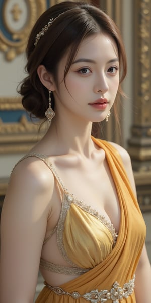 An elegant young woman dressed in traditional Thai attire, with emphasis on golden hues. Her hair is styled in a classic Thai updo, adorned with intricate accessories. She stands gracefully in front of a richly detailed Thai temple, capturing the essence of Thai culture and architecture. The background features ornate carvings, vibrant murals, and traditional Thai decorations. The scene is lit with soft, natural light to highlight the textures and colors of her attire and the surroundings. The image should be rendered in ultra-high resolution (8K) with meticulous attention to detail, including realistic skin textures and fabric details. The overall atmosphere is serene and respectful, reflecting the beauty and heritage of Thailand.