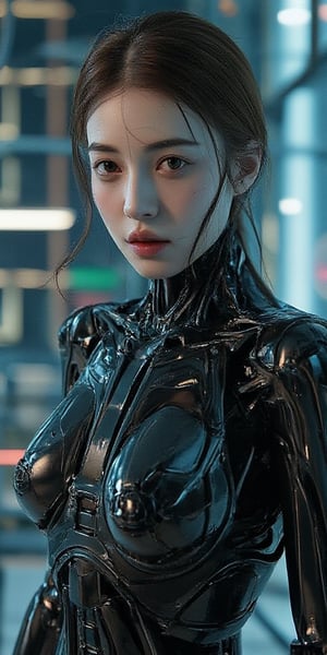 "A robot image with a beautiful woman's face, a human face but a shiny and highly detailed metallic body, a robot in a dignified and confident pose, lifelike facial skin showing soft and calm emotions, bright lights and shadows Balanced to highlight the subject, the metallic details on the body reflect light, the background has a futuristic sci-fi feel with neon lights and modern machinery, the style is similar to the art of H.R. Giger but still has beauty. Human-like, 8K high resolution for the sharpest images."

More details:

Young woman's face: The face must look realistic. Have smooth, detailed skin and can express emotions clearly
Personal Robot: Use metal or high-tech materials. There are details of mechanical parts such as joints and wires.
Light and Shadows: Use lighting to reveal all the details of both the robot's face and body. Including shadows that enhance the three-dimensional appearance.
Sci-Fi Background: Use backdrops that feature futuristic elements such as tall buildings, machines, or spaceships, complete with neon colors.