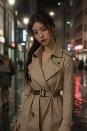 A beautiful woman stands confidently on a wet city street at night. The rain is falling gently, creating shimmering reflections on the pavement. She is dressed in an elegant, form-fitting trench coat with a high collar turned up against the weather. Her hair is slightly damp but styled perfectly, adding to her chic appearance.

Her expression is contemplative yet strong, capturing a moment of introspection amidst the bustling urban environment. Soft lighting from nearby street lamps casts gentle highlights and shadows, enhancing her features and the textures of her clothing. Water droplets glisten on her coat and face, contributing to a hyper-realistic effect.

The background includes blurred figures with umbrellas and glowing neon signs, adding depth and context to the scene without distracting from the main subject. The overall composition uses dynamic poses and angles to emphasize movement and emotion.

Rendered in ultra-high resolution (8K) with meticulous attention to detail including realistic skin textures, water effects, and atmospheric lighting. This image captures both cinematic beauty and raw urban grit.

Stylistic Notes:

Hyperdetailed
Cinematic
Neo-noir aesthetic
High dynamic range (HDR)
Ultra-realistic rendering
Model Details:

Flux model for enhanced detail
Confident pose
Artistic yet respectful presentation
This masterpiece encapsulates the elegance of fashion photography combined with the atmospheric allure of a rainy cityscape at night.