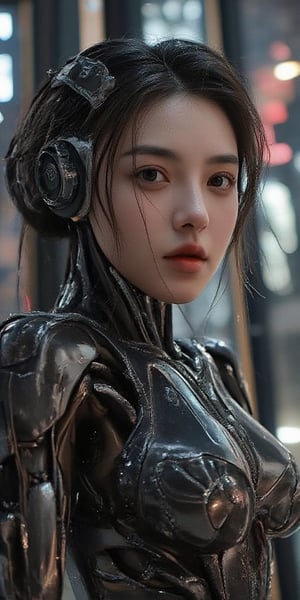 "A robot image with a beautiful woman's face, a human face but a shiny and highly detailed metallic body, a robot in a dignified and confident pose, lifelike facial skin showing soft and calm emotions, bright lights and shadows Balanced to highlight the subject, the metallic details on the body reflect light, the background has a futuristic sci-fi feel with neon lights and modern machinery, the style is similar to the art of H.R. Giger but still has beauty. Human-like, 8K high resolution for the sharpest images."

More details:

Young woman's face: The face must look realistic. Have smooth, detailed skin and can express emotions clearly
Personal Robot: Use metal or high-tech materials. There are details of mechanical parts such as joints and wires.
Light and Shadows: Use lighting to reveal all the details of both the robot's face and body. Including shadows that enhance the three-dimensional appearance.
Sci-Fi Background: Use backdrops that feature futuristic elements such as tall buildings, machines, or spaceships, complete with neon colors.