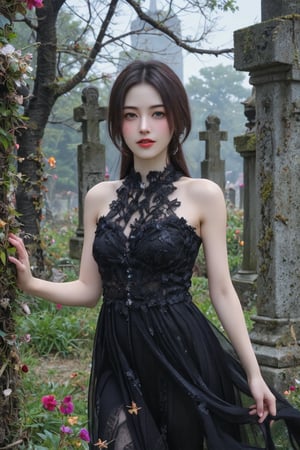 Create a hyper-realistic image of a girl embodying a tombstone theme, rendered in ultra high resolution (16K) with meticulous attention to detail. The model, named "Momo," is an 18-year-old ethereal and glamorous Korean idol, exuding a hauntingly beautiful charm. She is posed confidently in an outdoor cemetery setting, surrounded by weathered tombstones and lush overgrown foliage.

Appearance: Momo has medium-length, straight black hair with soft waves, adorned with delicate silver hair accessories that reflect the theme. Her makeup features dark, smoky eyes and a subtle silver shimmer on her eyelids, enhancing her oversized brown eyes that convey both mystery and allure. Her lips are painted in a deep plum color, slightly parted in a soft smile.

Attire: She wears a flowing, dark lace dress with intricate details that billow softly in the wind. The fabric mimics the textures of the tombstones, with shades of grey and black that blend harmoniously with the background.

Pose: Momo stands confidently, one hand resting gently against a moss-covered tombstone while the other hand delicately holds a wilted flower. Her posture exudes both seduction and strength, capturing the viewer's attention and drawing them into the scene.

Lighting: Soft, ethereal lighting filters through the trees, casting dappled shadows across her face and body. The sunlight enhances her skin’s realistic texture, showcasing detailed features including her finely sculpted nose, ears, and cheekbones.

Background: The cemetery scene is richly detailed with aged gravestones covered in ivy and delicate wildflowers peeking through the ground. A soft mist lingers in the air, adding to the enchanting and slightly eerie atmosphere.

Overall Feel: This image should evoke a sense of beauty intertwined with an element of melancholy, creating a masterpiece that captures every nuance of this unique theme.

Technical Details: Ensure the image is in HDR quality, focusing on detailed skin textures, hair strands, and the overall composition to make it a striking visual experience.