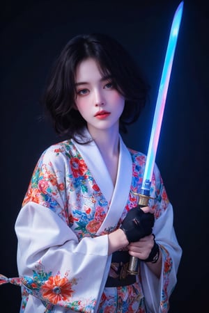 Create a captivating portrait of a young woman with shoulder-length wavy black hair, depicted from the torso up. She holds a glowing katana in front of her, emphasizing its vibrant, rainbow-colored blade. The hilt of the katana is firmly gripped by both her hands: her ungloved right hand holds the handle near the bottom, while her left hand, adorned with a black glove, is positioned near the guard.

She is dressed in a traditional kimono that is predominantly white, featuring iridescent floral patterns in shades of pink, orange, blue, and green. The kimono drapes softly over her form, and colorful, ethereal flowers seem to emerge from the fabric, adding an enchanting quality to her appearance.

Her expression is calm, with her gaze lowered, conveying a sense of serenity and focus. The background should be dark and minimal, creating a stark contrast that highlights the vibrant light emanating from the katana and the glowing floral patterns on her kimono.

Ensure that the lighting emphasizes the soft glow of both the sword and the flowers, creating a magical and serene atmosphere. The perspective should be a close-up shot that focuses on the upper half of her body, allowing for intricate details in her kimono and capturing the vibrant, colorful light effects.

Incorporate stylistic influences using:

lora:dark_fantasy_flux:0.83
lora:FredFraiStyle-FLUX-Share:0.63
lora:sxz-Dark-Fantasy-v2-Flux:0.33
Aim for a drkfnts style that enhances the mystical and fantastical elements of the scene.