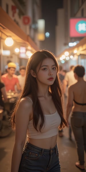 A lively city night scene, showing a teenage girl walking down a busy street lined with street food stalls. Her face shows curiosity and surprise as the warm, multi-colored lights from the stalls reflect on her skin. The scene is filled with boiling pots, sizzling grills, and vendors serving delicious food to eagerly awaiting customers. The girl is dressed in casual yet fashionable clothing, perfectly fitting the bustling atmosphere. Her hair reflects light, creating a soft halo effect around her head. This image is rendered in ultra-high resolution (8k), with meticulous attention to detail, including realistic lighting and textures that bring the street scene to life. The overall composition captures the vibrant essence of city nightlife while emphasizing the excitement of a teenage girl.

Additional details: Artistic composition: Use the words "hyperdetailed" or "realistic" to emphasize the resolution and brightness of the image. Color tone: Emphasizes the warm tones from the colors of the restaurant. Refers to the orange and red colors, light and shadow: The term "dynamic lighting" can be added to indicate that the image requires more light and shadow: adding details to show the liveliness of the street itself that people can directly sense.