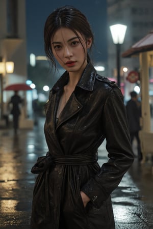 A beautiful woman stands confidently on a wet city street at night. The rain is falling gently, creating shimmering reflections on the pavement. She is dressed in an elegant, form-fitting trench coat with a high collar turned up against the weather. Her hair is slightly damp but styled perfectly, adding to her chic appearance.

Her expression is contemplative yet strong, capturing a moment of introspection amidst the bustling urban environment. Soft lighting from nearby street lamps casts gentle highlights and shadows, enhancing her features and the textures of her clothing. Water droplets glisten on her coat and face, contributing to a hyper-realistic effect.

The background includes blurred figures with umbrellas and glowing neon signs, adding depth and context to the scene without distracting from the main subject. The overall composition uses dynamic poses and angles to emphasize movement and emotion.

Rendered in ultra-high resolution (8K) with meticulous attention to detail including realistic skin textures, water effects, and atmospheric lighting. This image captures both cinematic beauty and raw urban grit.

Stylistic Notes:

Hyperdetailed
Cinematic
Neo-noir aesthetic
High dynamic range (HDR)
Ultra-realistic rendering
Model Details:

Flux model for enhanced detail
Confident pose
Artistic yet respectful presentation
This masterpiece encapsulates the elegance of fashion photography combined with the atmospheric allure of a rainy cityscape at night.