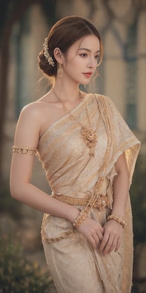 An elegant young woman dressed in traditional Thai attire, with emphasis on golden hues. Her hair is styled in a classic Thai updo, adorned with intricate accessories. She stands gracefully in front of a richly detailed Thai temple, capturing the essence of Thai culture and architecture. The background features ornate carvings, vibrant murals, and traditional Thai decorations. The scene is lit with soft, natural light to highlight the textures and colors of her attire and the surroundings. The image should be rendered in ultra-high resolution (8K) with meticulous attention to detail, including realistic skin textures and fabric details. The overall atmosphere is serene and respectful, reflecting the beauty and heritage of Thailand.