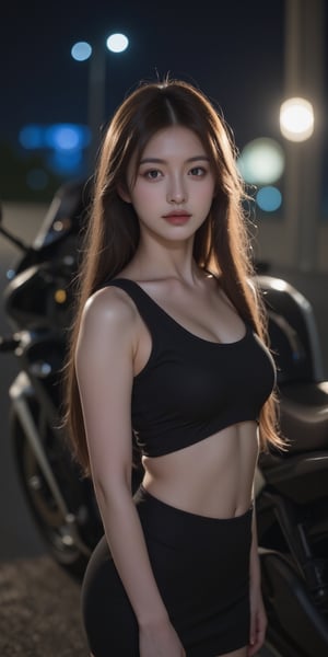 Create an ultra-high resolution (8K) photo of a beautiful 18-year-old girl wearing a form-fitting outfit, standing confidently in front of a sleek motorcycle. The scene should exude elegance and allure, capturing the essence of both beauty and coolness. The setting is at night, with dramatic lighting that casts soft highlights on her face, enhancing her features. The background should include subtle urban elements to give context to the nighttime environment. The overall mood should be captivating and stylish, with attention to realistic skin textures and meticulous detail. Use cinematic lighting techniques to add depth and contrast, making this image a true masterpiece.