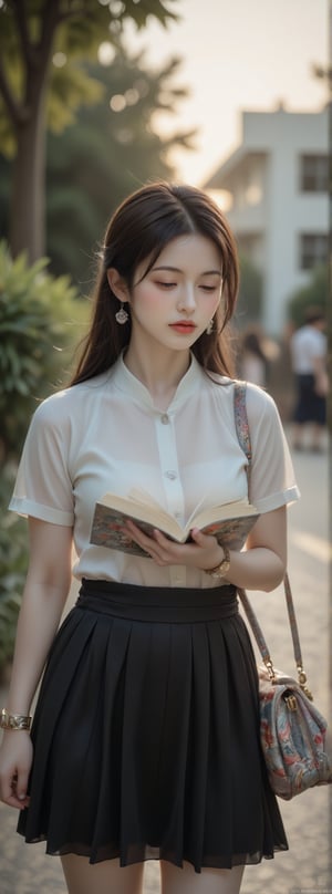 Description:

Model Appearance: A young Thai university student, exuding an aura of curiosity and determination. She has medium-length black hair styled neatly in a ponytail, with soft, natural makeup that enhances her youthful features.

Attire: Dressed in a classic Thai university uniform—white fitted blouse with short sleeves, paired with a dark pleated skirt. The uniform is complemented by traditional accessories like a simple watch and delicate earrings.

Setting: Situated in a serene outdoor campus environment during golden hour. The background includes lush greenery and modern academic buildings, adding depth to the scene.

Expression & Pose: The model stands confidently with an open textbook in hand, her eyes focused as if she's pondering over something insightful. Her posture is upright yet relaxed, embodying both grace and intellect.

Lighting & Mood: Soft, warm lighting highlights the model's features while creating gentle shadows that add dimension to the scene. The ambiance is peaceful yet inspiring, capturing the vibrancy of campus life.

Artistic Style: Hyperdetailed rendering with attention to realistic textures and colors. This image should be created in 4K resolution for crisp clarity, emphasizing every detail from the texture of her blouse to the shine in her eyes.

Additional Elements: Subtle hints of cultural motifs can be incorporated into the background or accessories (e.g., traditional patterns on her bag), adding authenticity to the portrayal without overpowering the primary focus on education and youthfulness.

Technical Details:

Resolution: 16K ultra high definition
Artistic Style: Realism with slight cinematic touch
Additional Effects: Slight lens flare from sunlight peeking through trees