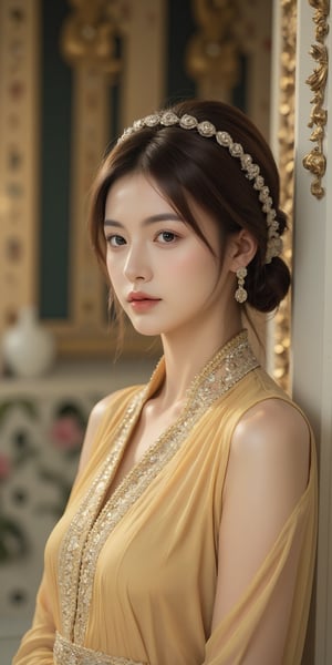 An elegant young woman dressed in traditional Thai attire, with emphasis on golden hues. Her hair is styled in a classic Thai updo, adorned with intricate accessories. She stands gracefully in front of a richly detailed Thai temple, capturing the essence of Thai culture and architecture. The background features ornate carvings, vibrant murals, and traditional Thai decorations. The scene is lit with soft, natural light to highlight the textures and colors of her attire and the surroundings. The image should be rendered in ultra-high resolution (8K) with meticulous attention to detail, including realistic skin textures and fabric details. The overall atmosphere is serene and respectful, reflecting the beauty and heritage of Thailand.