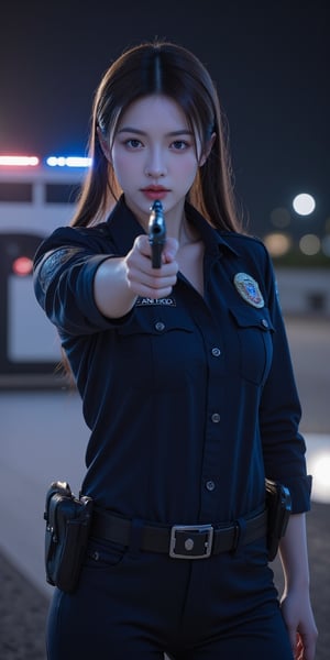 A fierce female police officer, holding a gun ready to aim at her adversary. The backdrop features a nighttime urban scene with city lights and shadows creating dramatic contrasts. A police car with flashing red and blue sirens illuminates the setting, adding urgency and tension.

The officer's uniform is detailed with realistic textures, including badges, patches, and tactical gear. Her expression is focused and determined, capturing the intensity of the moment. The image is rendered in ultra-high resolution (8K) with meticulous attention to detail, showcasing soft lighting and realistic skin textures.

Dynamic poses enhance the action-oriented theme while maintaining respectfulness and artistry. This image combines elements of cinematic storytelling and realism to create an engaging visual masterpiece.

Include these details:

Flux model for enhanced detailing
Hyperdetailed rendering
HDR (High Dynamic Range) for depth and contrast
4K 64 megapixels resolution