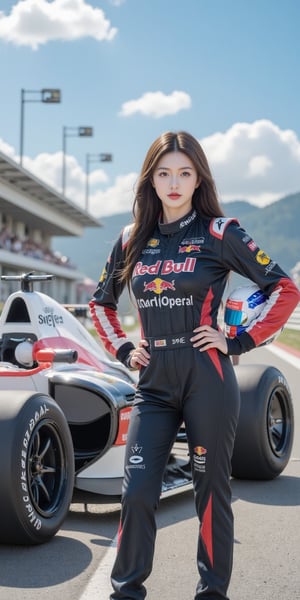 Create an image of a beautiful Thai female race car driver. She is dressed in a sleek and stylish racing suit, complete with helmet under her arm. She stands confidently next to her high-performance race car on a professional racing track. The scene is set in the middle of the day under bright, clear skies, with strong sunlight casting dynamic shadows.

The model strikes a confident pose, exuding both strength and elegance. Her suit should feature modern design elements, such as vibrant colors and sponsor logos, adding authenticity to her look. The race car behind her is equally impressive, designed with aerodynamic curves and eye-catching graphics.

This image should be rendered in ultra-high resolution (8K), capturing meticulous details such as the texture of her suit and the gleam of the car's paint job. The lighting should emphasize the sunny conditions, with realistic skin textures and reflections on both the vehicle and the driver's attire.

The background features elements typical of a professional racing track: grandstands filled with spectators, pit lanes bustling with activity, and banners flapping in the wind.

Resolution: 8K (8192x4320) HDR
Style: Hyper-realistic
Lighting: Bright daylight with sharp contrasts
Environment: Outdoor racing track scene