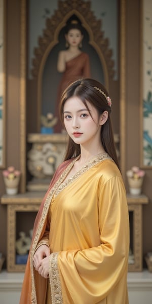 An elegant young woman dressed in traditional Thai attire, with emphasis on golden hues. Her hair is styled in a classic Thai updo, adorned with intricate accessories. She stands gracefully in front of a richly detailed Thai temple, capturing the essence of Thai culture and architecture. The background features ornate carvings, vibrant murals, and traditional Thai decorations. The scene is lit with soft, natural light to highlight the textures and colors of her attire and the surroundings. The image should be rendered in ultra-high resolution (8K) with meticulous attention to detail, including realistic skin textures and fabric details. The overall atmosphere is serene and respectful, reflecting the beauty and heritage of Thailand.