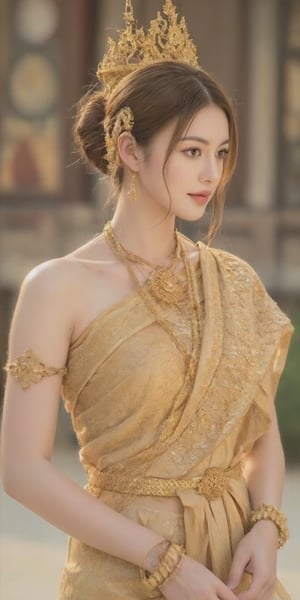 An elegant young woman dressed in traditional Thai attire, with emphasis on golden hues. Her hair is styled in a classic Thai updo, adorned with intricate accessories. She stands gracefully in front of a richly detailed Thai temple, capturing the essence of Thai culture and architecture. The background features ornate carvings, vibrant murals, and traditional Thai decorations. The scene is lit with soft, natural light to highlight the textures and colors of her attire and the surroundings. The image should be rendered in ultra-high resolution (8K) with meticulous attention to detail, including realistic skin textures and fabric details. The overall atmosphere is serene and respectful, reflecting the beauty and heritage of Thailand.