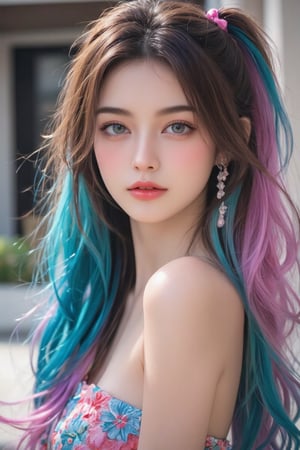 woman with sexy body, with extremely long ponytail, rainbow hair, very cute face, big eyes