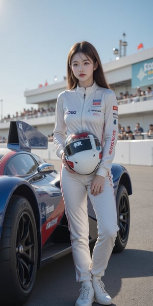 Create an image of a beautiful Thai female race car driver. She is dressed in a sleek and stylish racing suit, complete with helmet under her arm. She stands confidently next to her high-performance race car on a professional racing track. The scene is set in the middle of the day under bright, clear skies, with strong sunlight casting dynamic shadows.

The model strikes a confident pose, exuding both strength and elegance. Her suit should feature modern design elements, such as vibrant colors and sponsor logos, adding authenticity to her look. The race car behind her is equally impressive, designed with aerodynamic curves and eye-catching graphics.

This image should be rendered in ultra-high resolution (8K), capturing meticulous details such as the texture of her suit and the gleam of the car's paint job. The lighting should emphasize the sunny conditions, with realistic skin textures and reflections on both the vehicle and the driver's attire.

The background features elements typical of a professional racing track: grandstands filled with spectators, pit lanes bustling with activity, and banners flapping in the wind.

Resolution: 8K (8192x4320) HDR
Style: Hyper-realistic
Lighting: Bright daylight with sharp contrasts
Environment: Outdoor racing track scene