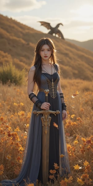 Prompt:
A beautiful young woman stands in an expansive autumn meadow, surrounded by warm hues of orange and yellow leaves. A majestic dragon is seen in the background, adding a mythical element to the scene. The young woman's attire starkly contrasts with her surroundings, making her stand out. She holds an oversized sword with both hands, and her eyes reflect a deep sadness.

Details:

Pose and Expression: The model stands firmly yet gracefully, slightly turned towards the camera with a gentle, melancholic expression. Her head is slightly tilted downwards, and her eyes convey a sense of sorrow.
Clothing: She wears an elaborate outfit that contrasts sharply with the natural autumn environment. This could be a fantasy-inspired armor or regal dress that features intricate details and vibrant colors such as deep blues or purples.
Background: The meadow is adorned with fallen leaves in shades of orange, yellow, and red. In the distance, a majestic dragon can be seen either flying or resting on a hilltop.
Lighting: Soft, natural lighting emphasizes the warm color palette while casting gentle shadows that add depth to her features and surroundings.
Skin Texture: Realistic skin textures are meticulously rendered to highlight her delicate complexion.
Sword Details: The sword she holds is large and ornate, featuring intricate designs that suggest it is an ancient weapon of great significance.
Dragon Details: The dragon should appear awe-inspiring yet subtly integrated into the scene to enhance its mythical quality without overshadowing the main subject.
Resolution and Quality:

This image is rendered in ultra-high resolution (8k) with meticulous attention to detail. Including HDR for vivid colors and dynamic range.
Artistic Style:

The composition should evoke a cinematic feel reminiscent of epic fantasy art but enhanced with modern hyper-detailing techniques.
Focus on creating an epic masterpiece that combines elements of traditional artistry with contemporary digital aesthetics.
Special Effects:

Subtle enhancements such as soft lens flare or bokeh effects can be added to enrich the visual appeal without overwhelming the primary subject.