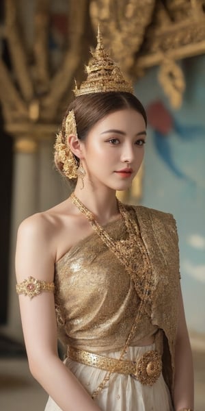 An elegant young woman dressed in traditional Thai attire, with emphasis on golden hues. Her hair is styled in a classic Thai updo, adorned with intricate accessories. She stands gracefully in front of a richly detailed Thai temple, capturing the essence of Thai culture and architecture. The background features ornate carvings, vibrant murals, and traditional Thai decorations. The scene is lit with soft, natural light to highlight the textures and colors of her attire and the surroundings. The image should be rendered in ultra-high resolution (8K) with meticulous attention to detail, including realistic skin textures and fabric details. The overall atmosphere is serene and respectful, reflecting the beauty and heritage of Thailand.