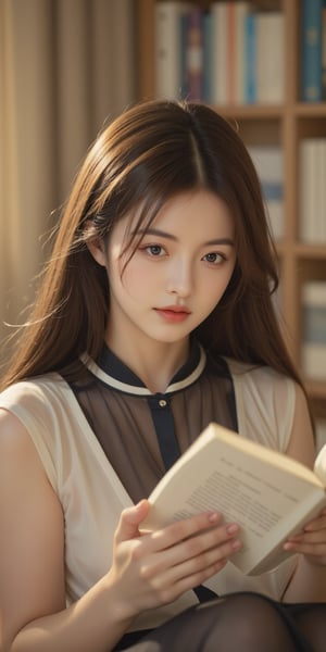 Cute Thai schoolgirl sits amidst warm, inviting library ambiance, her long hair styled elegantly in a neat school uniform. Soft natural light pours through windows, illuminating her focused expression as she reads intently from an open book. Shelves of books tower behind her, providing a cozy atmosphere. Framed by soft focus and natural highlights, her features stand out against the warm-toned background. In 8K resolution, every detail shines, from the delicate folds in her uniform to the gentle curves of her smiling face.