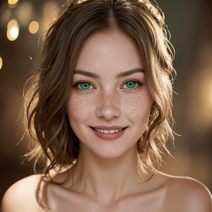 A beautiful young woman posing in a soft, warm glow, her highly detailed, piercing green eyes sparkling like emeralds against the golden light. Delicate freckles scatter across her porcelain skin, adding to her whimsical charm. A mischievous grin spreads across her face, hinting at a playful and lively personality, set against a subtle background that complements her radiant features.