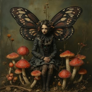 A fantasy, dead flowers, full body dark Fairy with black Gothic wings. Sitting in the middle of a ring of fly agaric mushrooms. Ultra-High Definition, Hyperrealism, hyper realistic, realistic, photorealistic, ultra detailed dark fantasy, Deviantart, intricate realistic fantasy, not cute, airbrush digital art, (ultra realistic, 5d, really realistic, ultra-realistic), style raw, sharp focus, hyperrealism, photorealistic, 16k, unreal engine