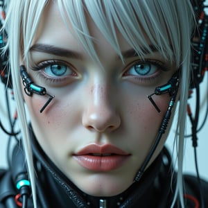 A captivating cyberpunk girl with platinum hair and stunningly bright blue eyes gazes intensely at the viewer, every detail carefully crafted to draw them in. This close-up, full-face portrait shines with high-definition clarity, revealing intricate cybernetic enhancements seamlessly blended with delicate human features. The vivid image showcases a visually striking and meticulously detailed character, exuding an aura of futuristic beauty and technological allure.