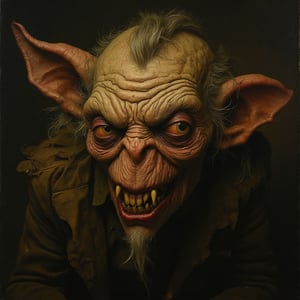 A malevolent goblin, his twisted features flicker with an otherworldly malevolence. The subject's eyes gleam with mischief, jagged teeth gleaming with malice, and a sneering grin revealing a mischievous intent. This striking portrait, likely a painting, captures the essence of dark fantasy with intricate details and a sense of eerie realism. Each brushstroke enhances the sinister beauty of this captivating and high-quality depiction, making it a truly mesmerizing piece of art.