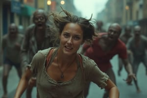 A young woman's terrified face as she runs frantically down the street. In the background, the zombies chase after her, one is closing on her, reaches out his hands to grab her shoulder, their grotesque faces clearly visible behind her ,