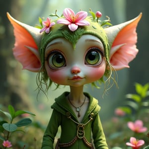 An ultra hd detailed, stunning, hyper realistic woodland child flower elf, large eyes ultra detailed fantasy,green and pink pastel colors, intricate realistic fantasy, so cute, airbrush digital art, by Fateline, ( ultra realistic, 5d, really realistic, ultra-realistic, style raw, sharp focus, hyperrealism, photorealistic, 16k, unreal engine