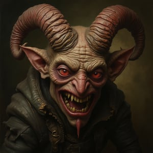 A malevolent goblin, his twisted features flicker with an otherworldly malevolence: gnarled horns curling above beady red eyes, jagged teeth gleaming with malice, and a sneering grin revealing a mischievous intent. This striking portrait, likely a painting, captures the essence of dark fantasy with intricate details and a sense of eerie realism. Each brushstroke enhances the sinister beauty of this captivating and high-quality depiction, making it a truly mesmerizing piece of art.