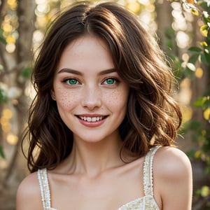 A beautiful young woman posing in a soft, warm glow, her highly detailed, piercing green eyes sparkling like emeralds against the golden light. Delicate freckles scatter across her porcelain skin, adding to her whimsical charm. A mischievous grin spreads across her face, hinting at a playful and lively personality, set against a subtle background that complements her radiant features.