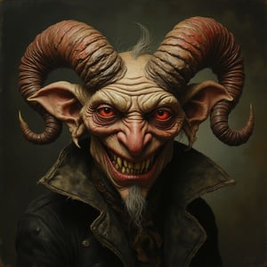 A malevolent goblin, his twisted features flicker with an otherworldly malevolence: gnarled horns curling above beady red eyes, jagged teeth gleaming with malice, and a sneering grin revealing a mischievous intent. This striking portrait, likely a painting, captures the essence of dark fantasy with intricate details and a sense of eerie realism. Each brushstroke enhances the sinister beauty of this captivating and high-quality depiction, making it a truly mesmerizing piece of art.