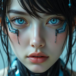 A captivating cyberpunk girl with stunningly bright blue eyes gazes intensely at the viewer, every detail carefully crafted to draw them in. This close-up, full-face portrait shines with high-definition clarity, revealing intricate cybernetic enhancements seamlessly blended with delicate human features. The vivid image showcases a visually striking and meticulously detailed character, exuding an aura of futuristic beauty and technological allure.